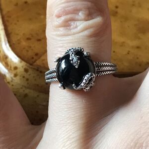 Natural Black Jade Sterling Silver Snake Ring Size 6